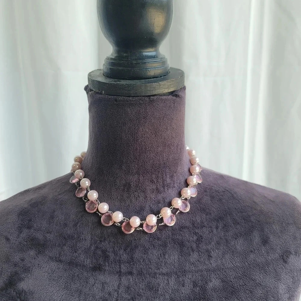 Gorgeous Women's  Pink Silver Double Bead Chocker Necklace Clear Swirl